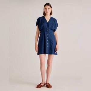 QUINCE Sz Large Tencel Button Front Dress Navy Blue Tie Back EUC Flattering